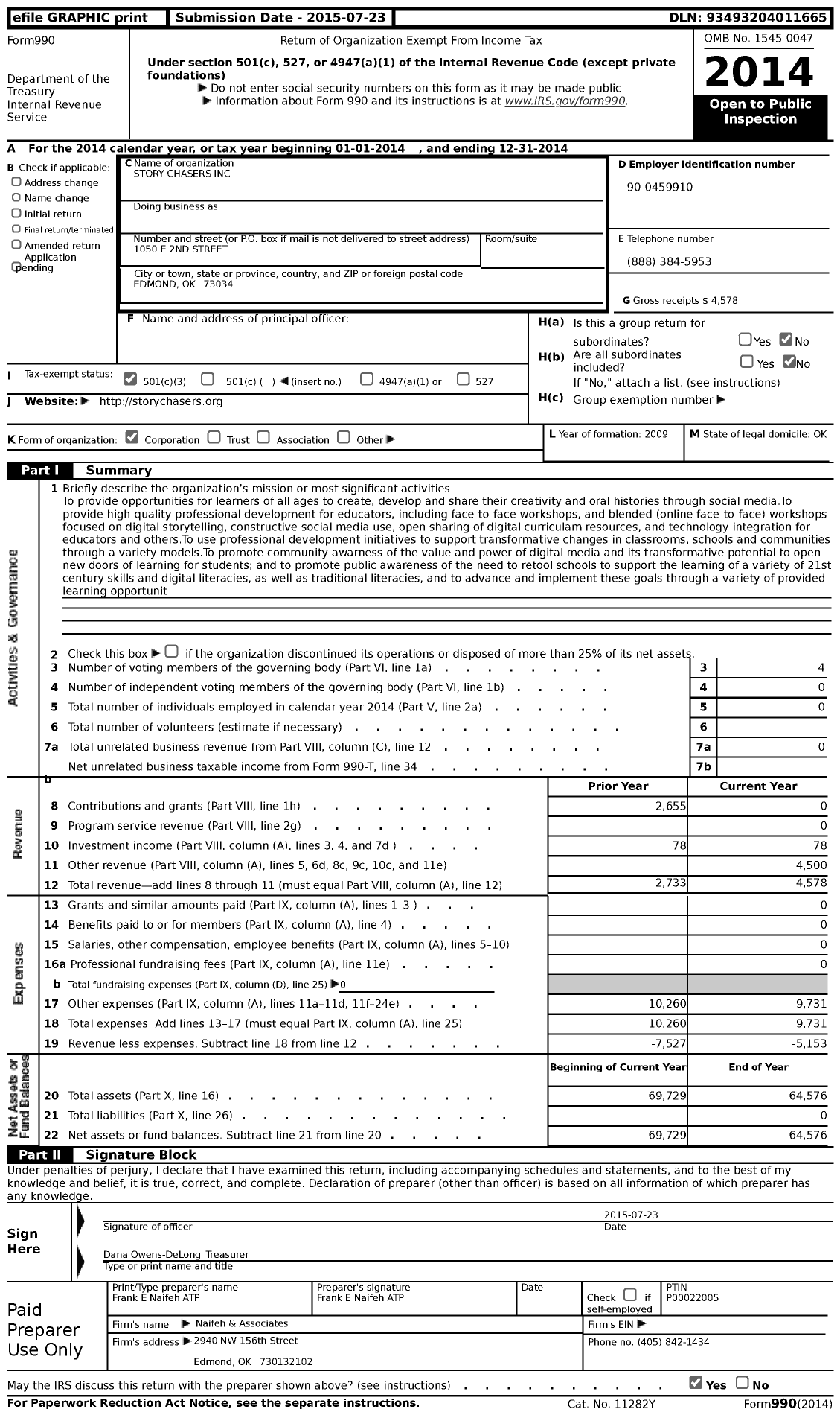 Image of first page of 2014 Form 990 for Story Chasers