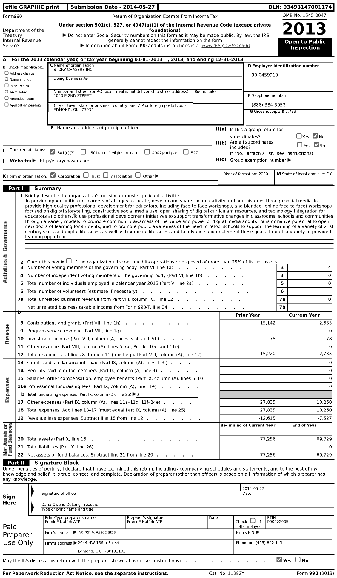 Image of first page of 2013 Form 990 for Story Chasers