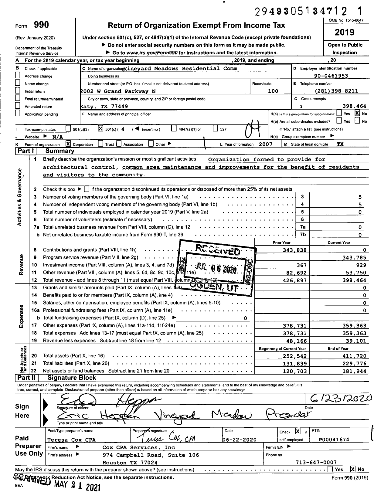 Image of first page of 2019 Form 990O for Vineyard Meadows Residential Comm