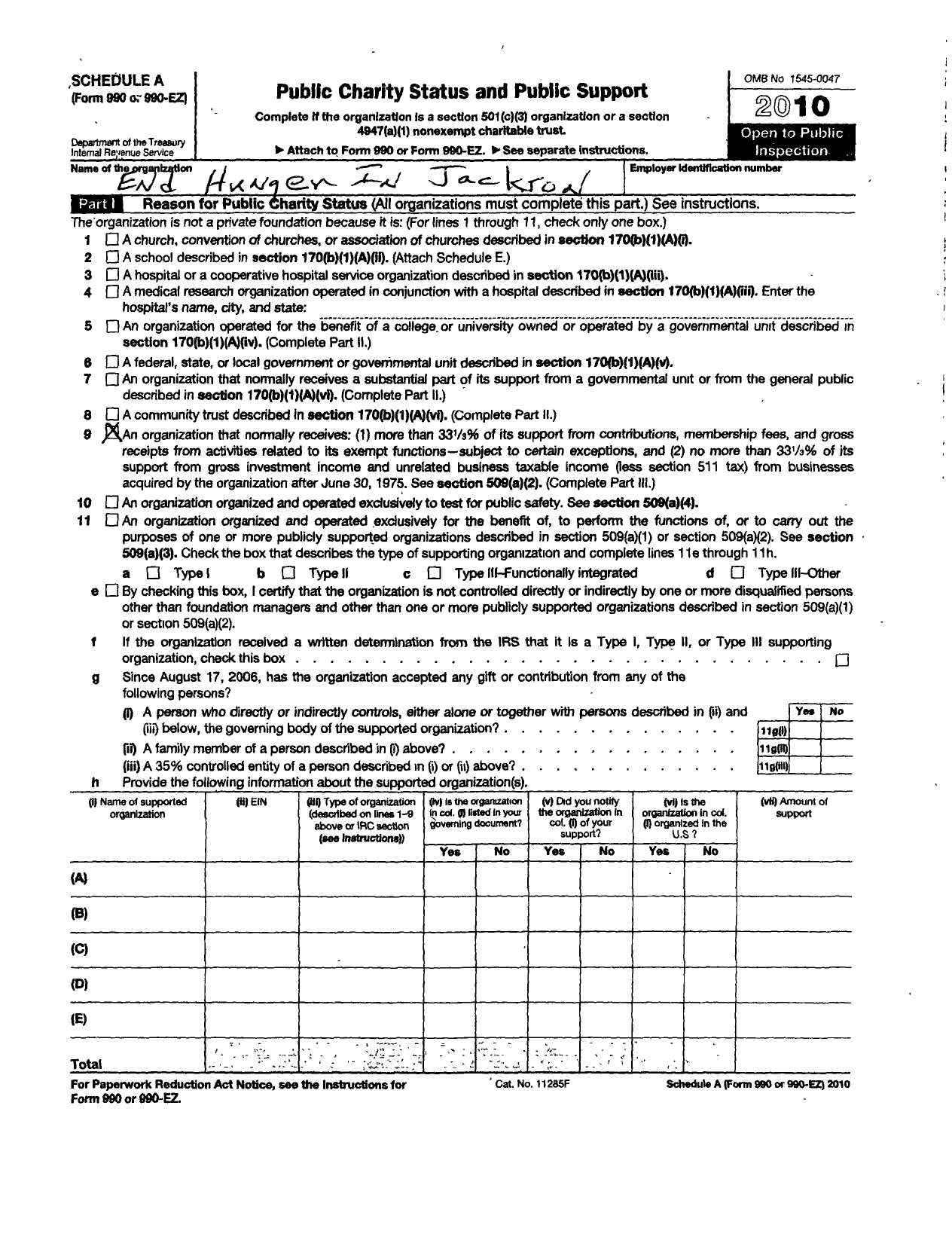 Image of first page of 2010 Form 990ER for End Hunger in Jackson