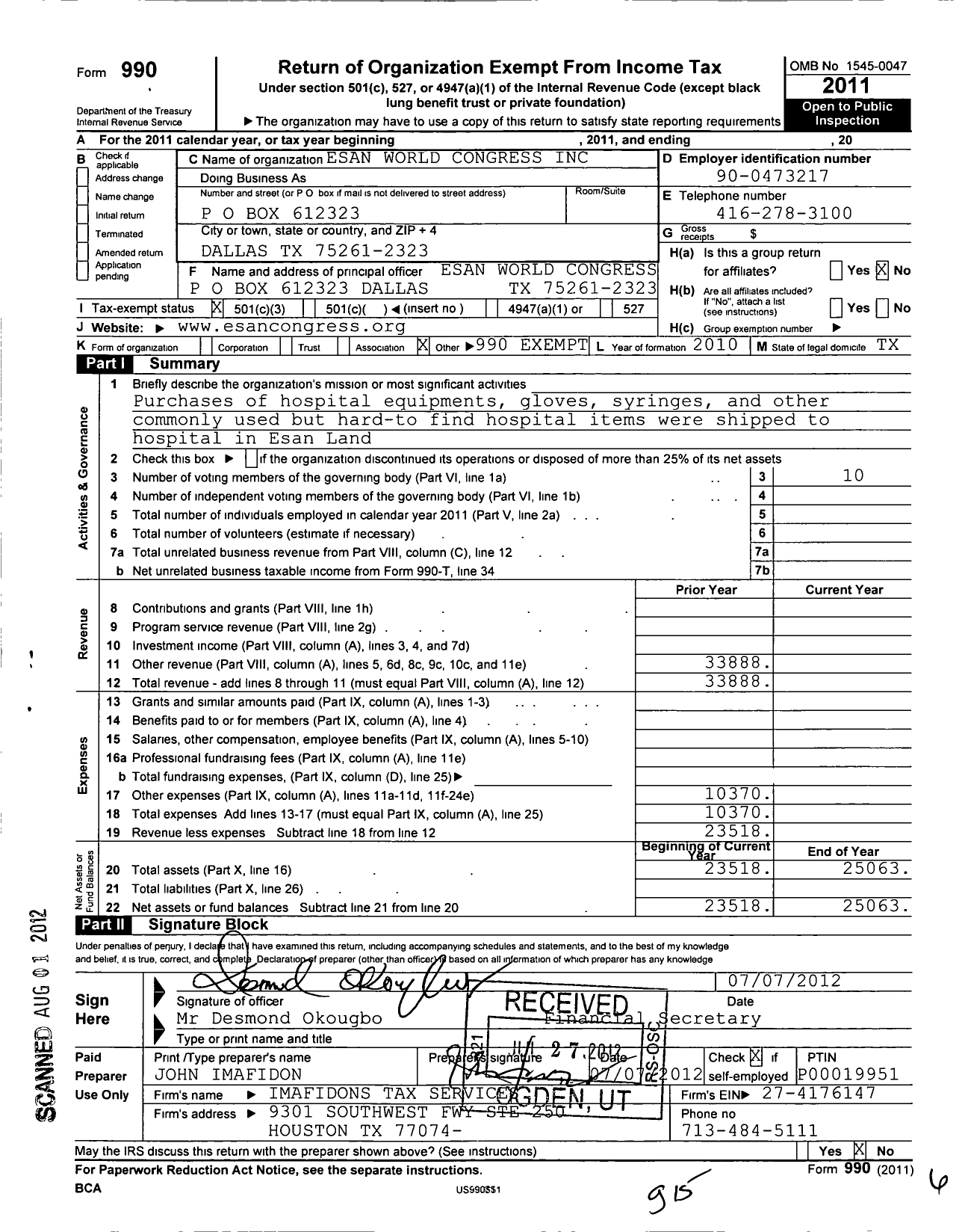 Image of first page of 2011 Form 990 for Esan National Congress USA