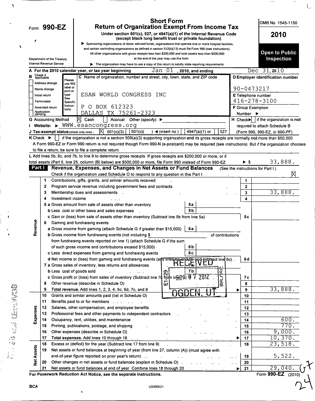 Image of first page of 2010 Form 990EZ for Esan National Congress USA