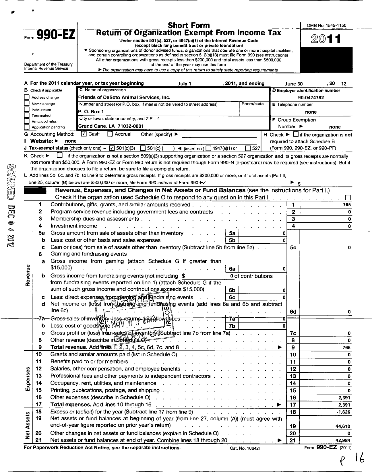 Image of first page of 2011 Form 990EZ for Friends of de Soto Parish Animal Services