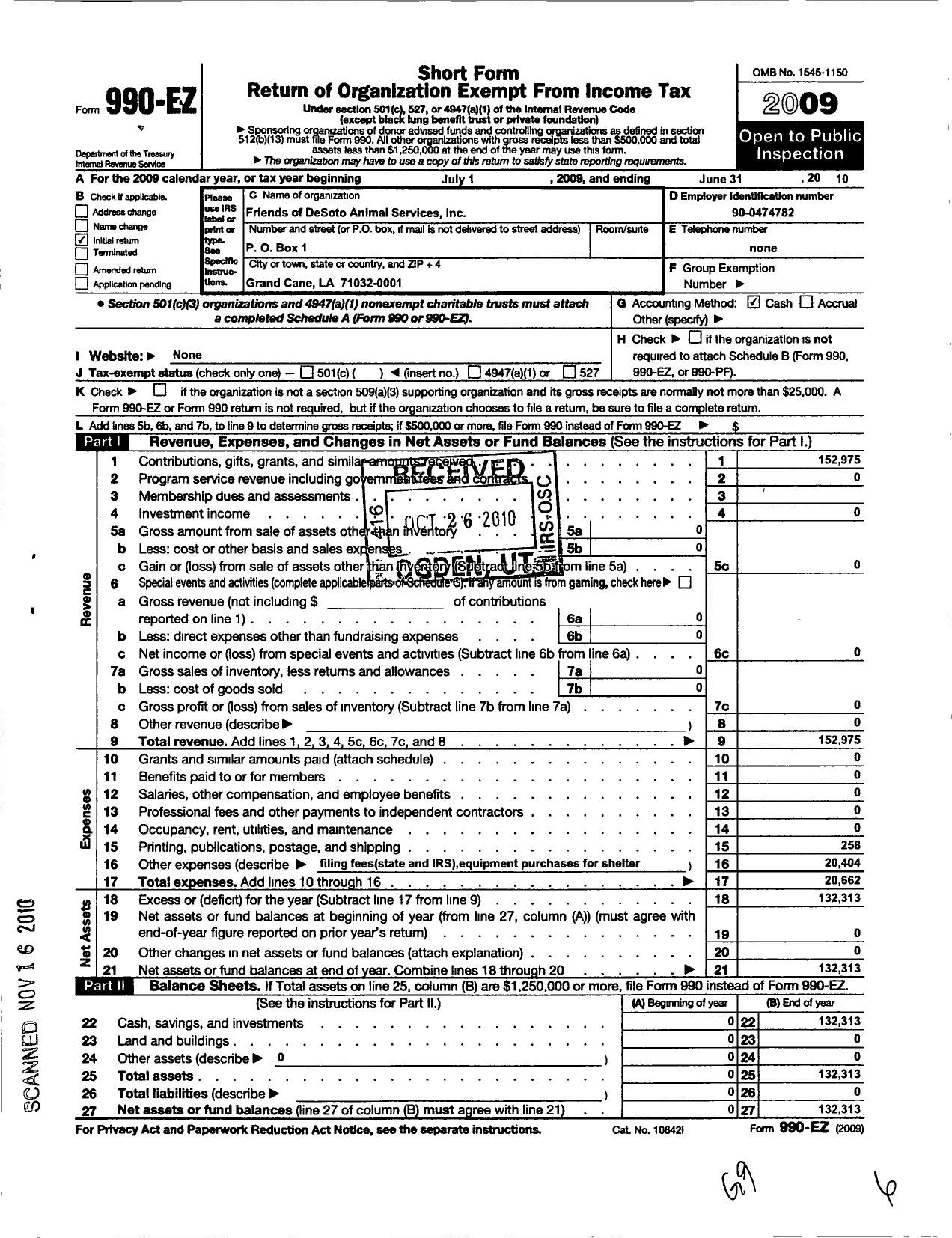 Image of first page of 2009 Form 990EO for Friends of de Soto Parish Animal Services