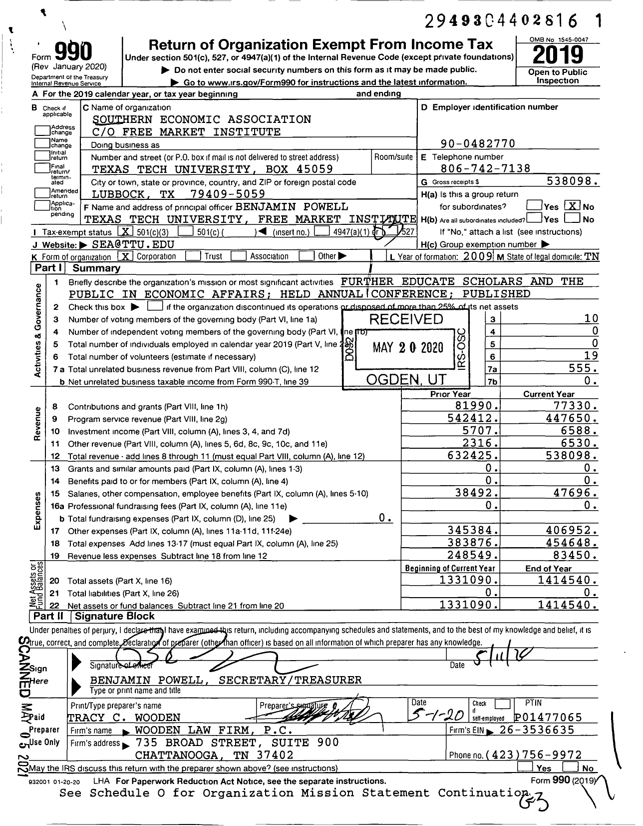 Image of first page of 2019 Form 990 for Southern Economic Association