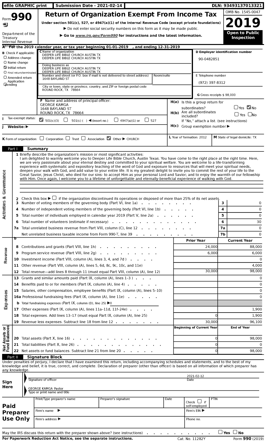 Image of first page of 2019 Form 990 for Deeper Life Bible Church Austin TX Deeper Life Bible Church Austin TX