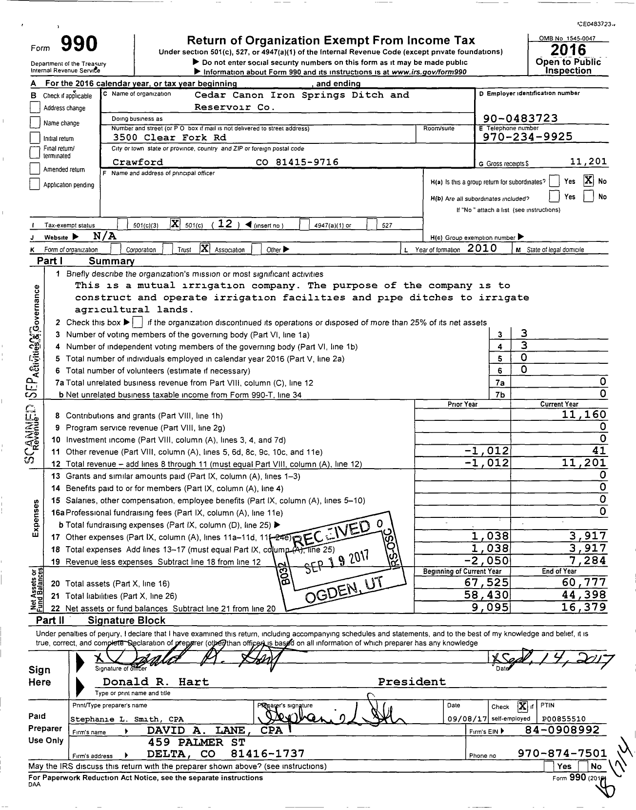 Image of first page of 2016 Form 990O for Cedar Canyon Iron Springs Ditch and Reservoir Company