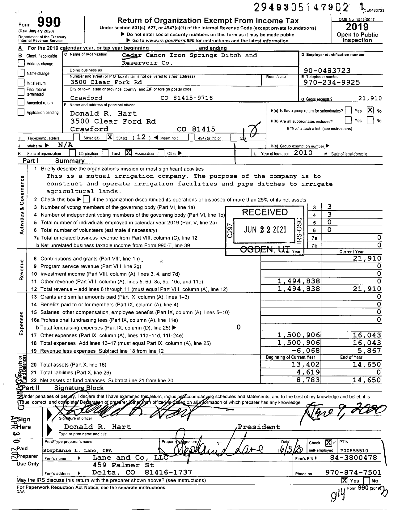 Image of first page of 2019 Form 990O for Cedar Canyon Iron Springs Ditch and Reservoir Company