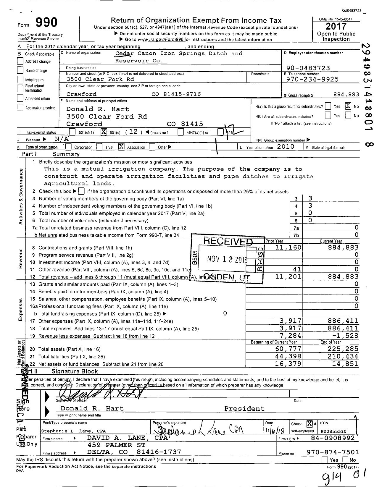 Image of first page of 2017 Form 990O for Cedar Canyon Iron Springs Ditch and Reservoir Company