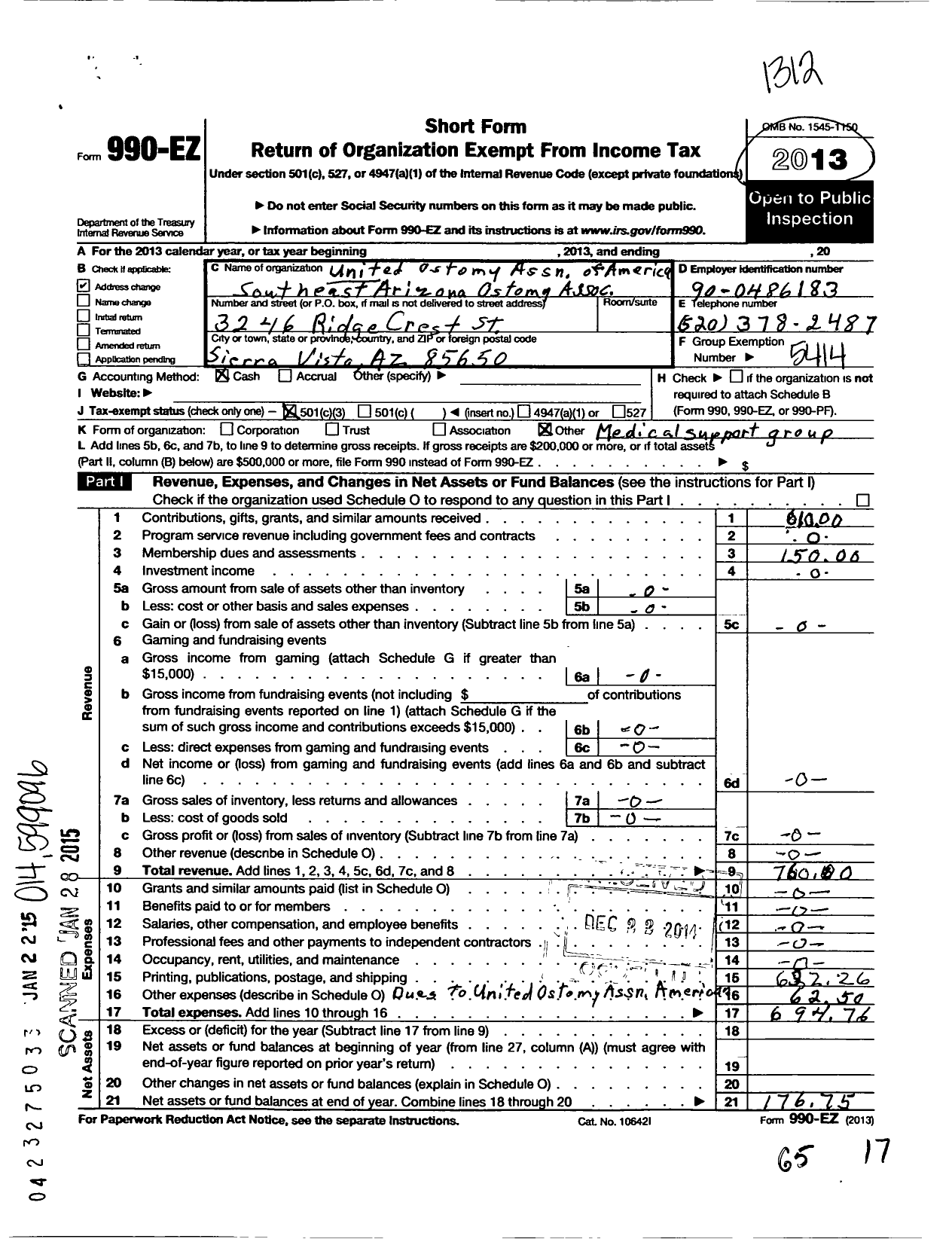 Image of first page of 2013 Form 990EZ for United Ostomy Association of Se Arizona