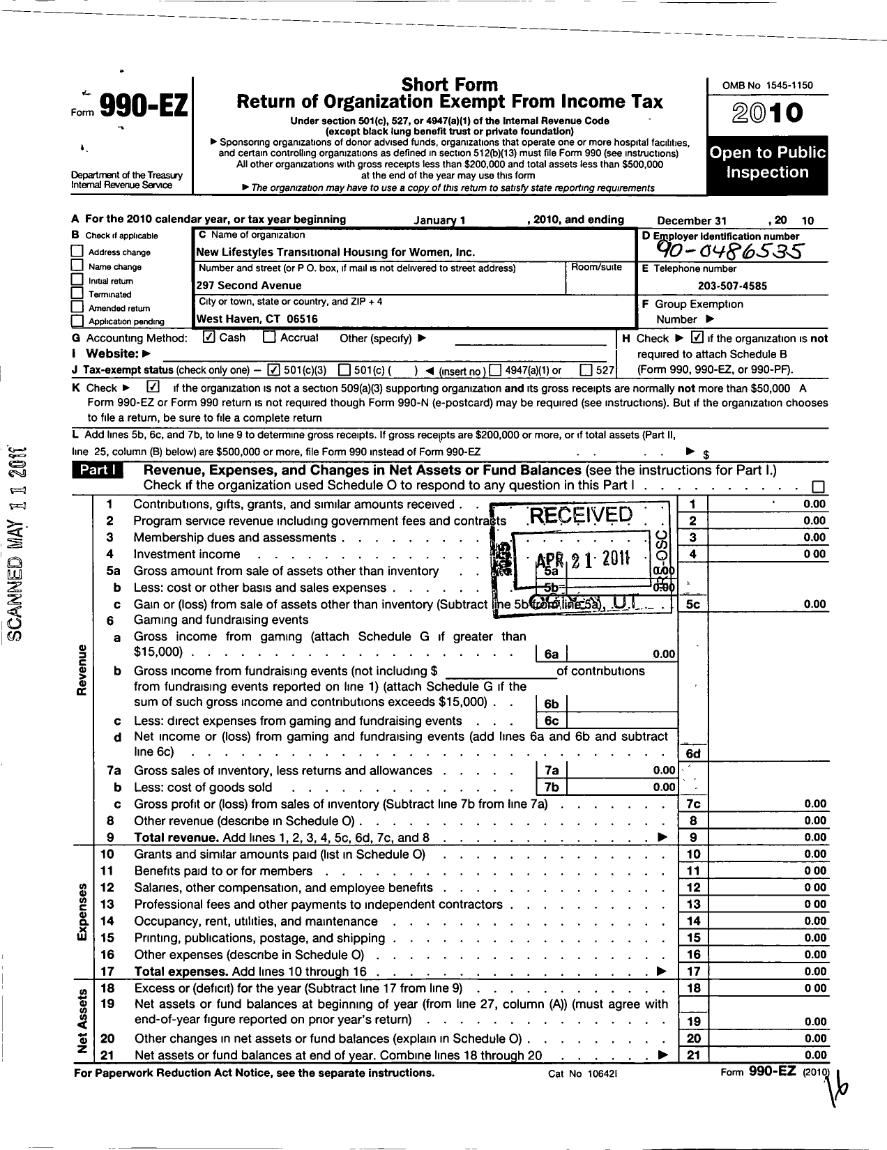 Image of first page of 2010 Form 990EZ for New Lifestyles Transitional House for Women