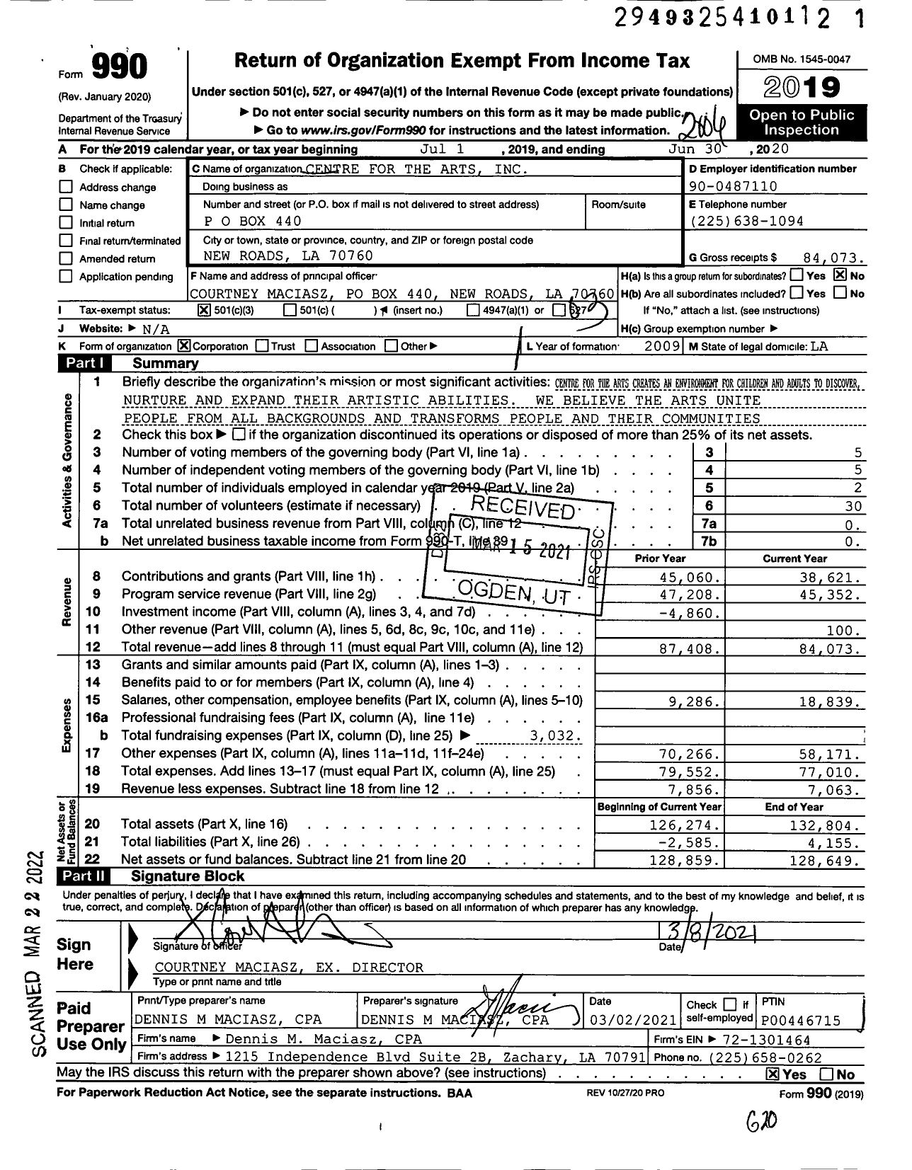 Image of first page of 2019 Form 990 for Centre for the Arts