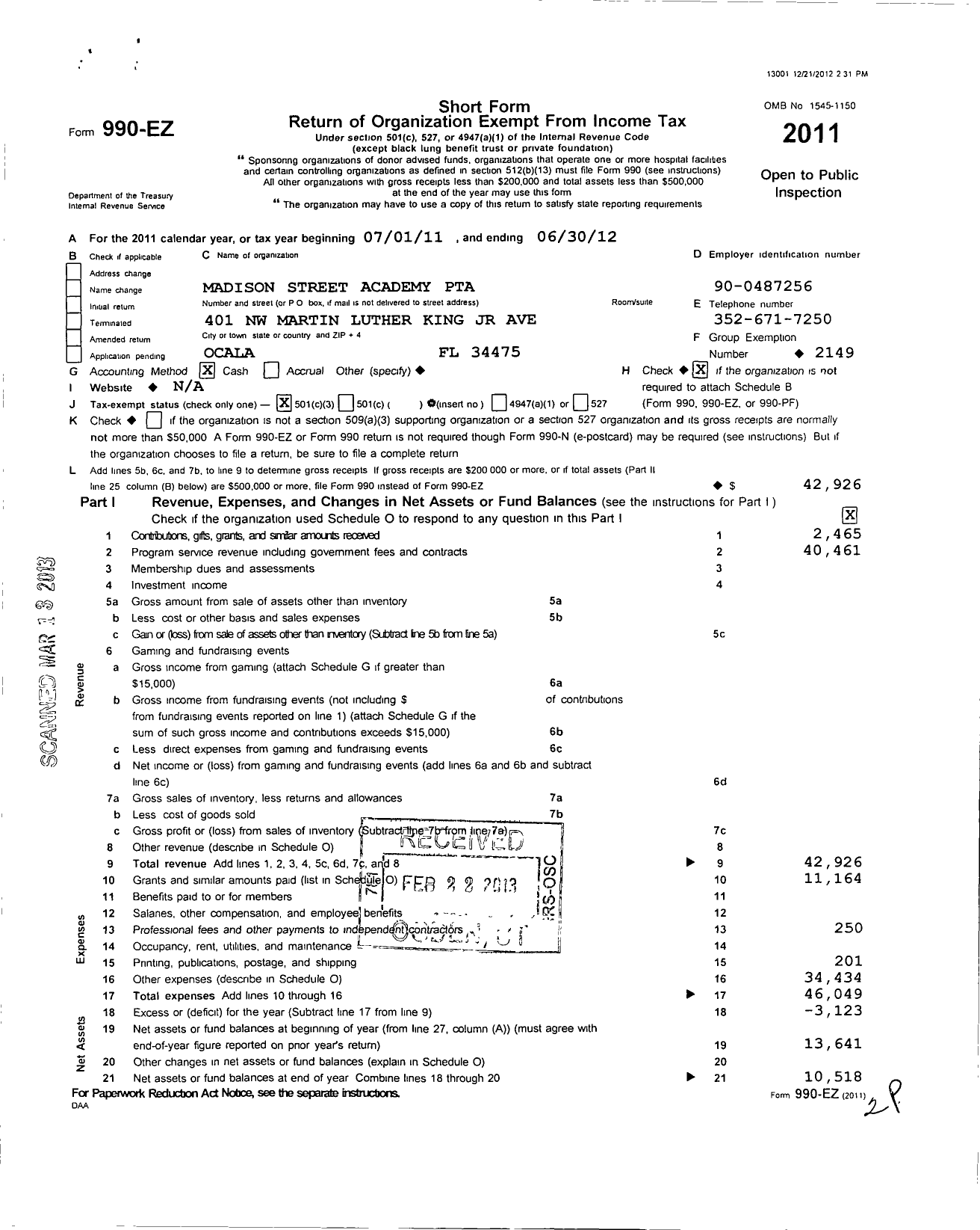 Image of first page of 2011 Form 990EZ for PTA Florida Congress - Madison Street Academy PTA