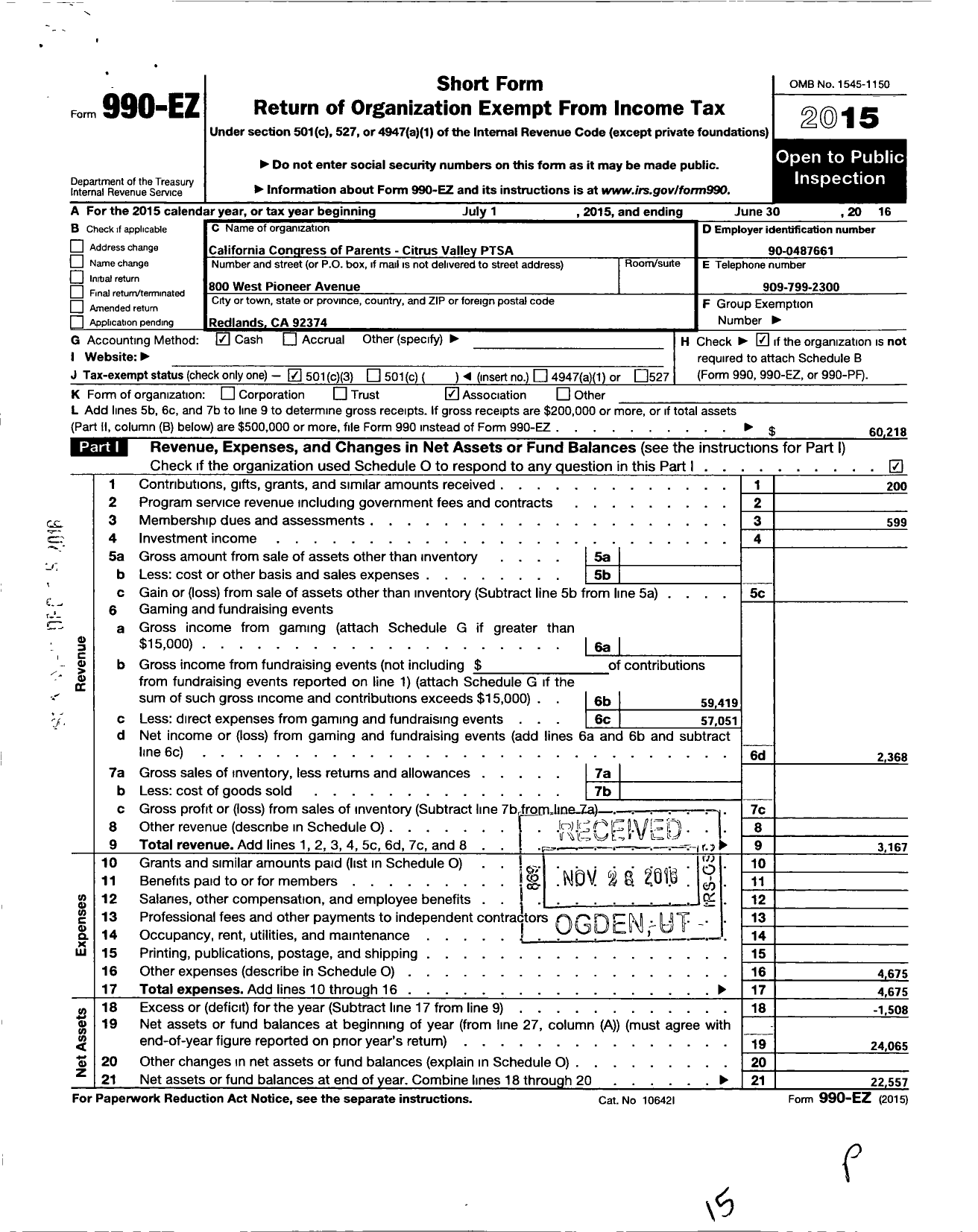 Image of first page of 2015 Form 990EZ for California State PTA - Citrus Valley PTSA