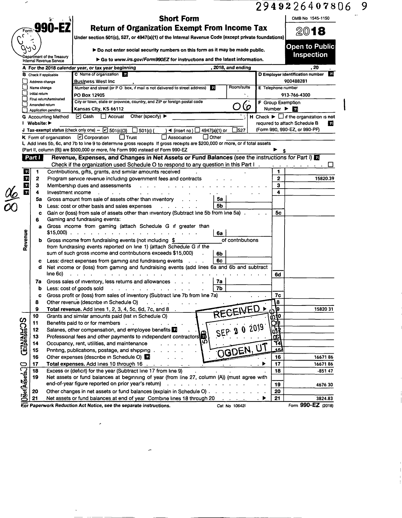 Image of first page of 2018 Form 990EO for Business West