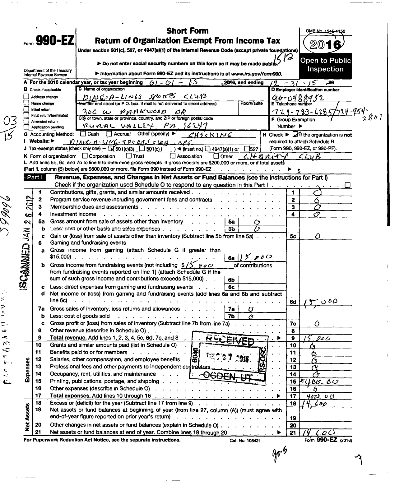 Image of first page of 2015 Form 990EZ for Ding-A-Ling Sports Club