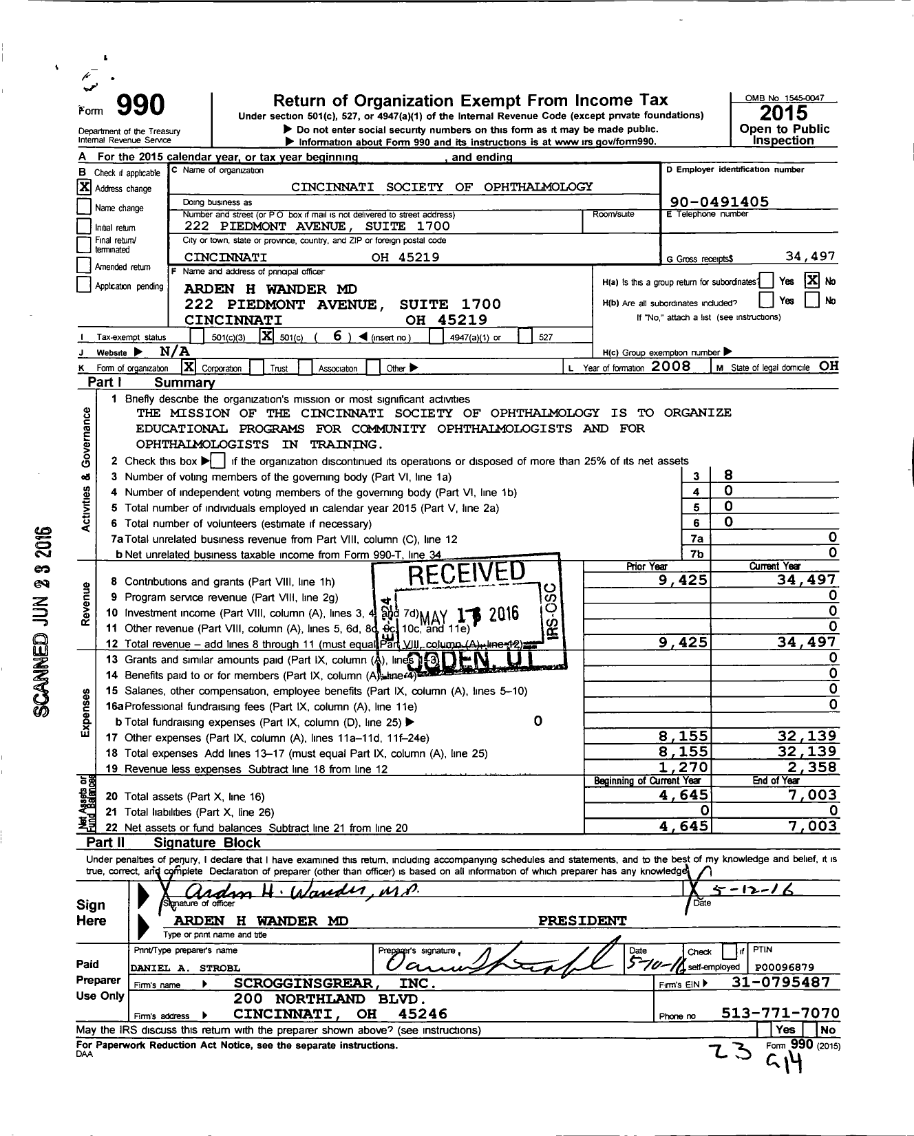 Image of first page of 2015 Form 990O for Cincinnati Society of Ophthalmology