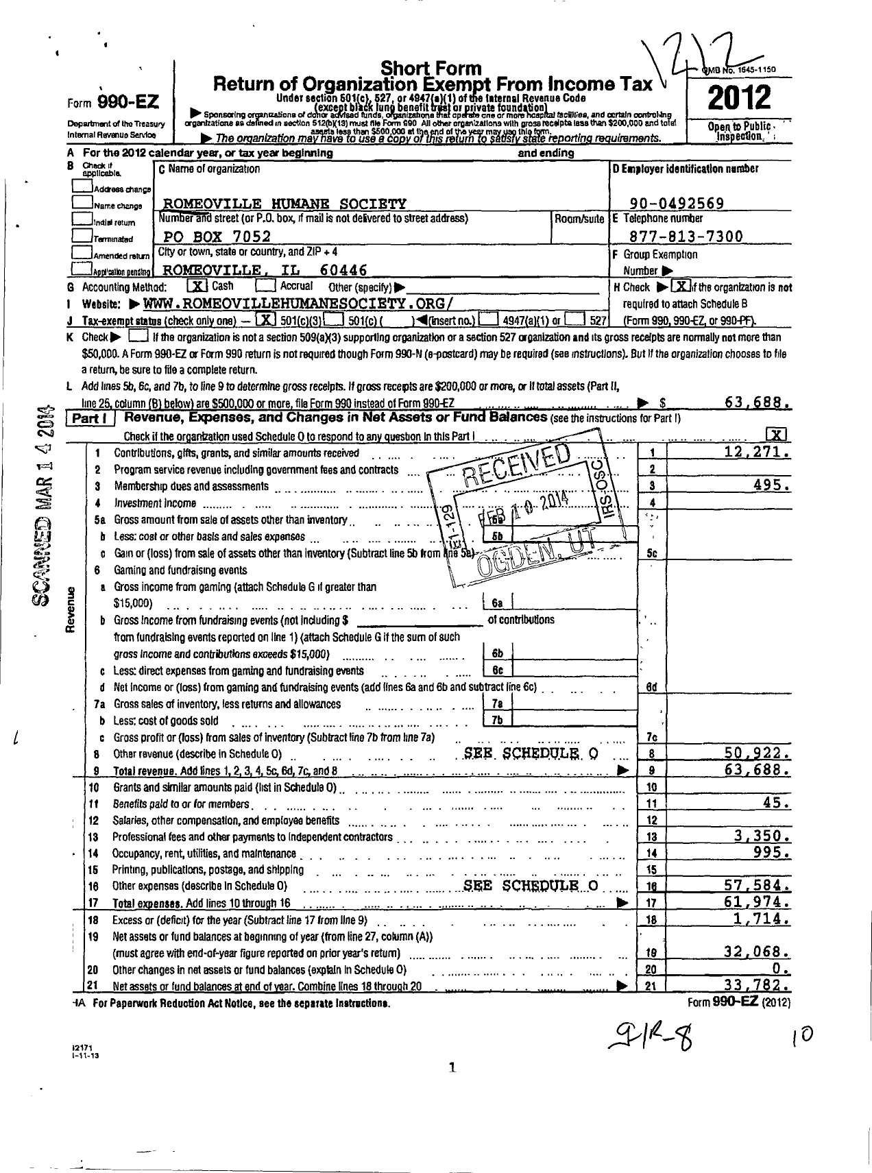 Image of first page of 2012 Form 990EZ for Romeoville Humane Society