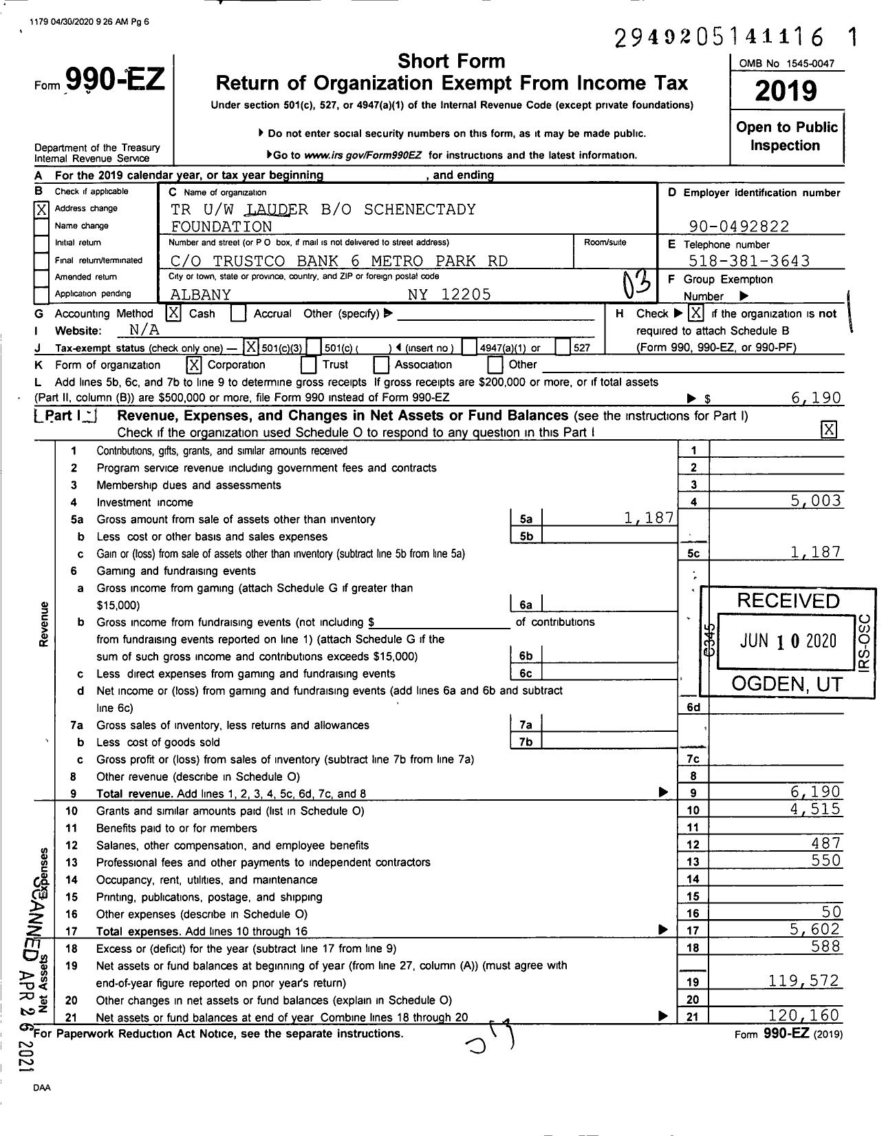 Image of first page of 2019 Form 990EZ for TR Uw Lauder Bo Schenectady Foundation