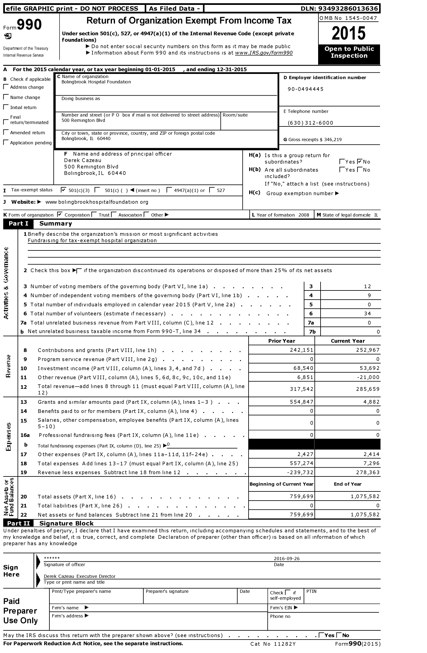 Image of first page of 2015 Form 990 for Bolingbrook Hospital Foundation