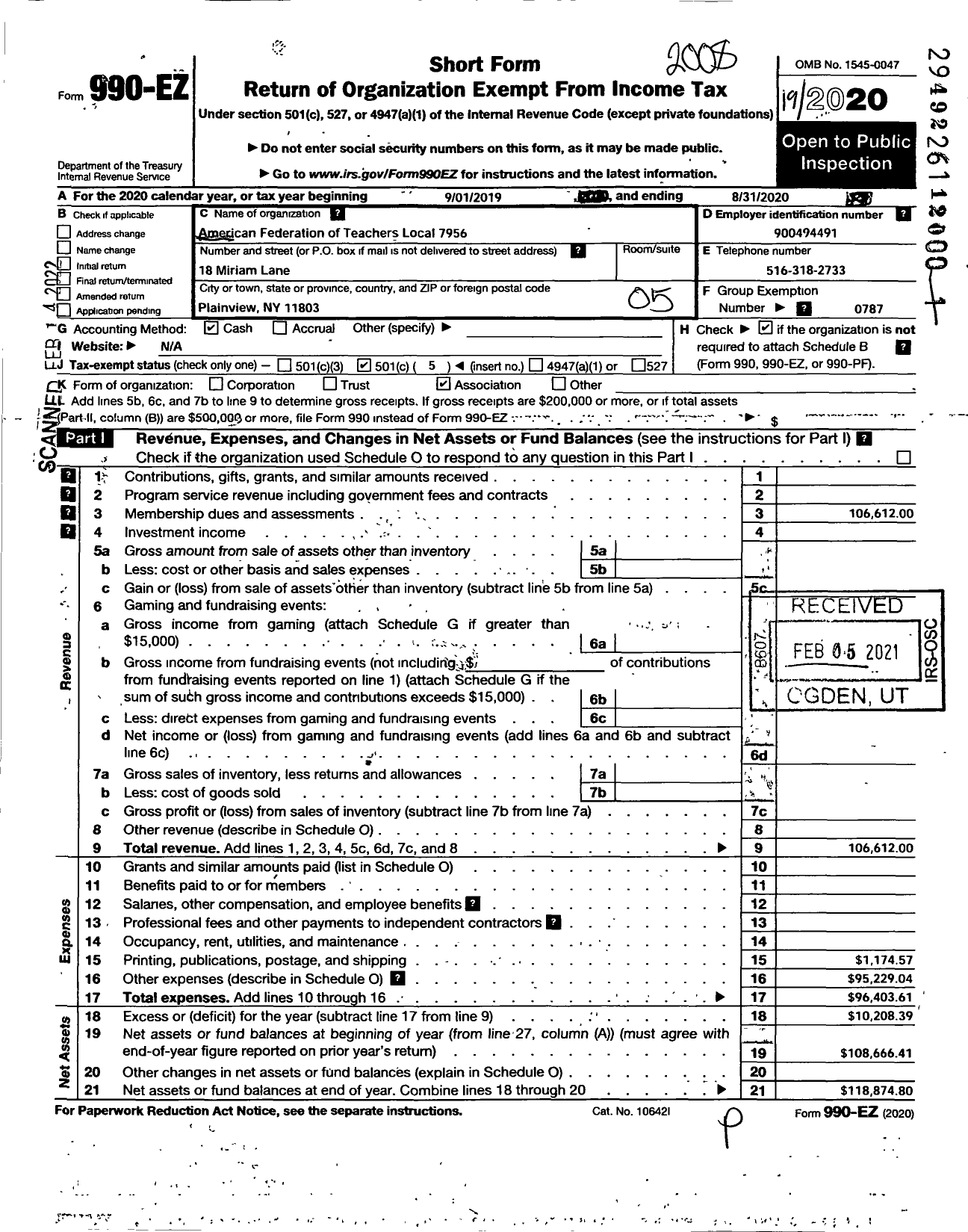 Image of first page of 2019 Form 990EO for American Federation of Teachers - 7956 Nys Lifeguard Corps