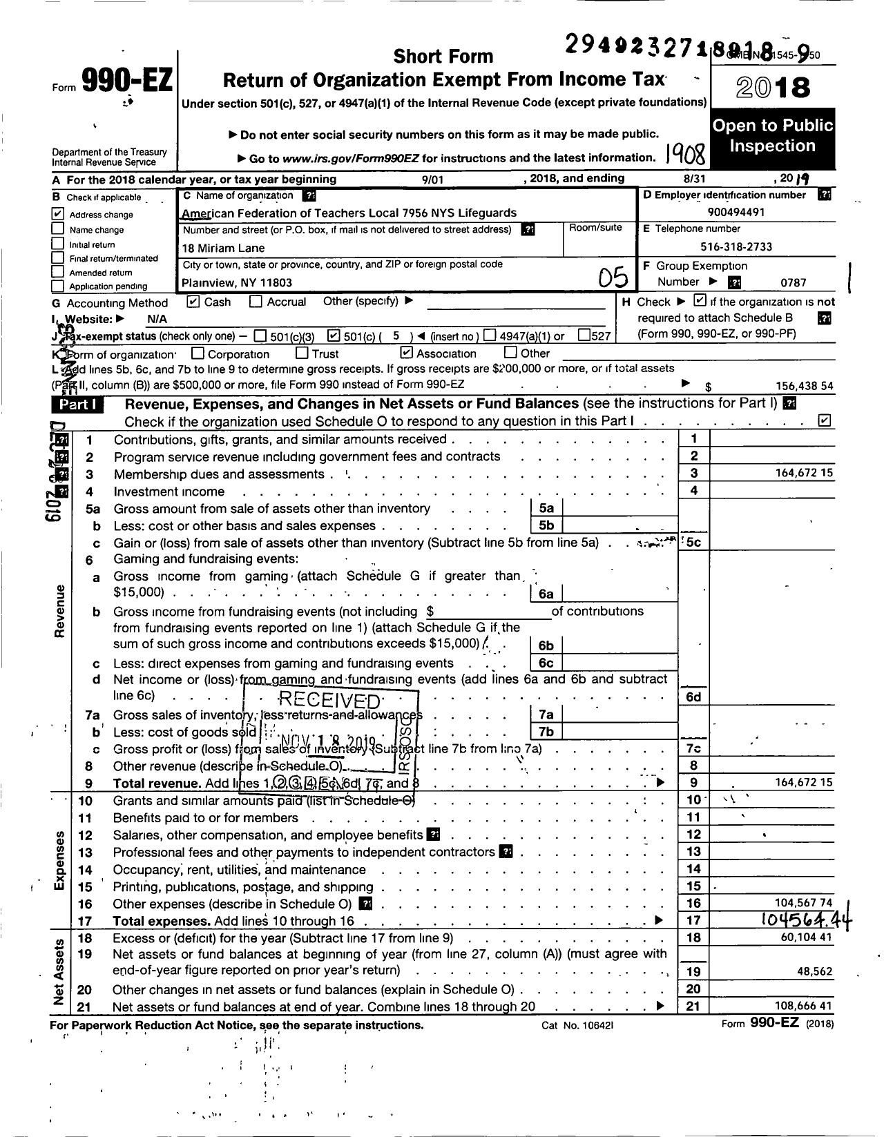 Image of first page of 2018 Form 990EO for American Federation of Teachers - 7956 Nys Lifeguard Corps