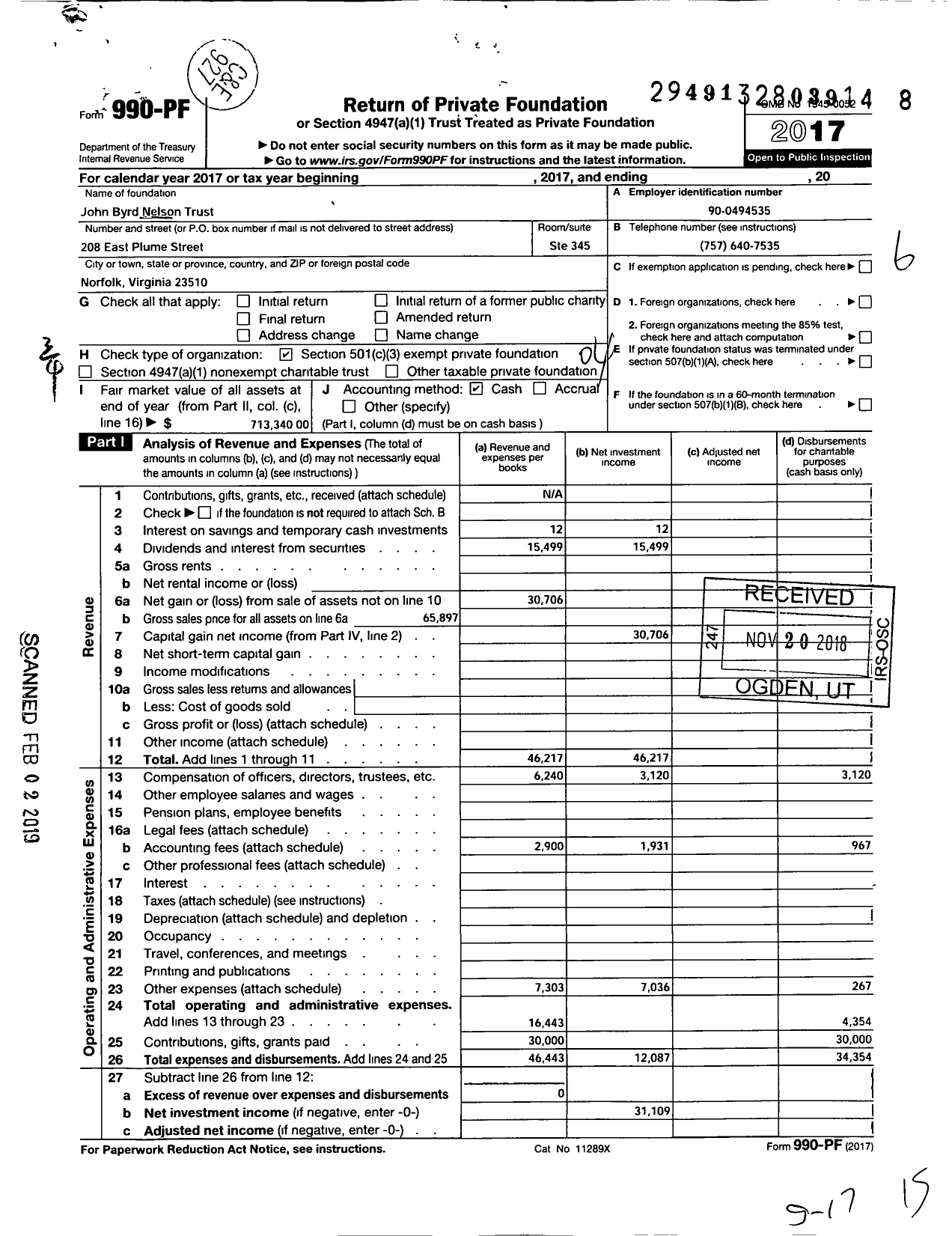 Image of first page of 2017 Form 990PF for John Byrd Nelson Trust