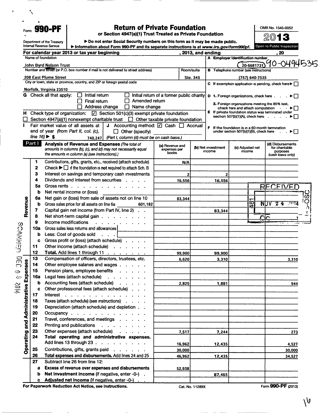 Image of first page of 2013 Form 990PF for John Byrd Nelson Trust