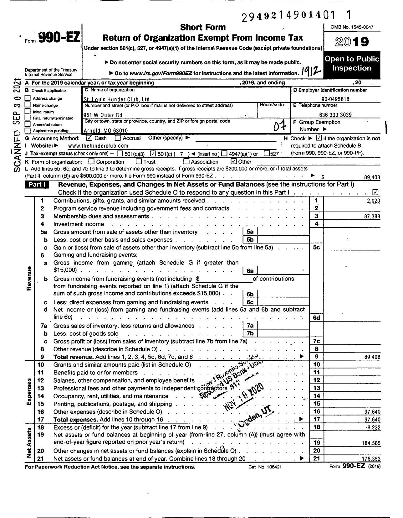 Image of first page of 2019 Form 990EO for St Louis Hinder Club