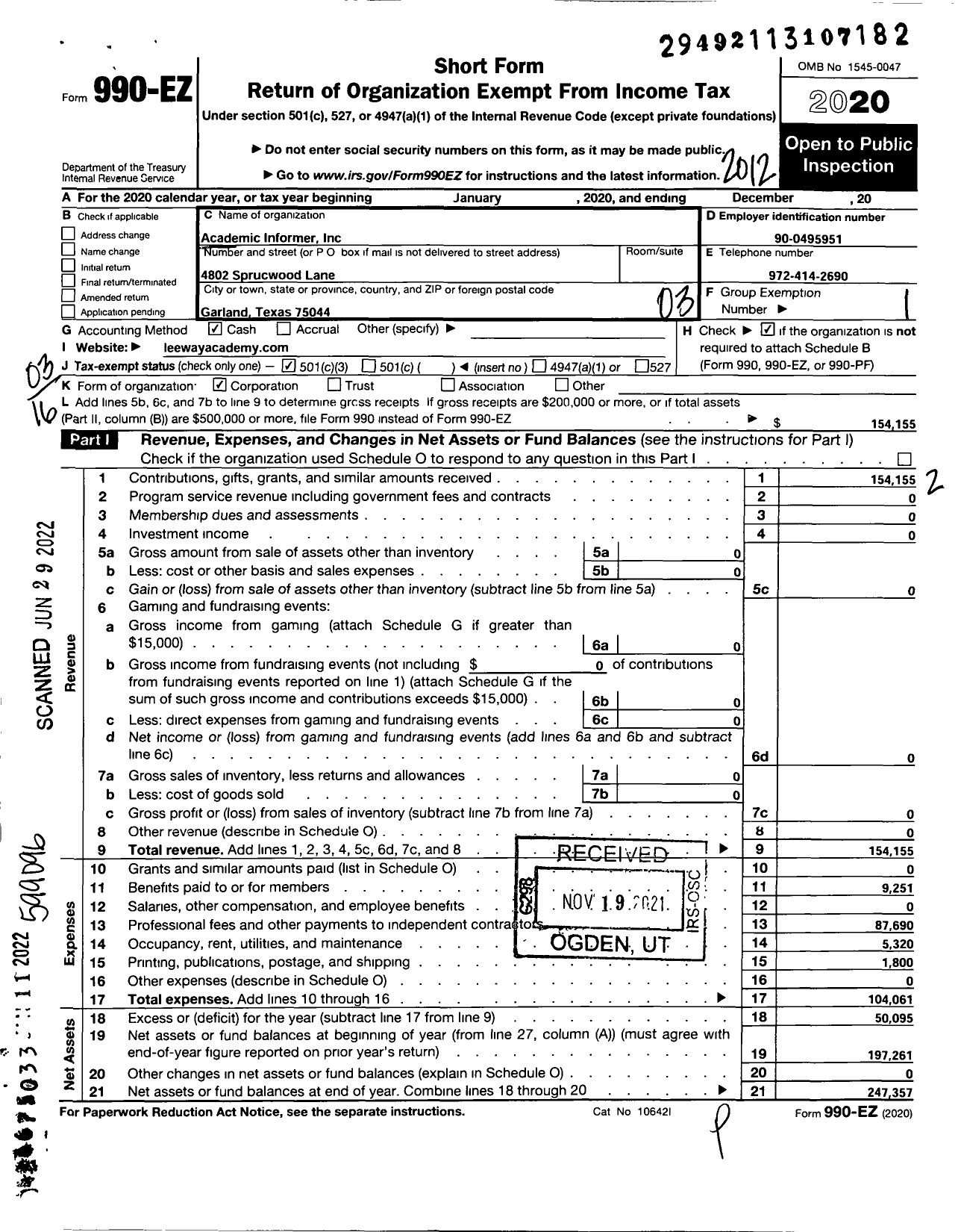 Image of first page of 2020 Form 990EZ for LeeWay / Academic Informer Inc