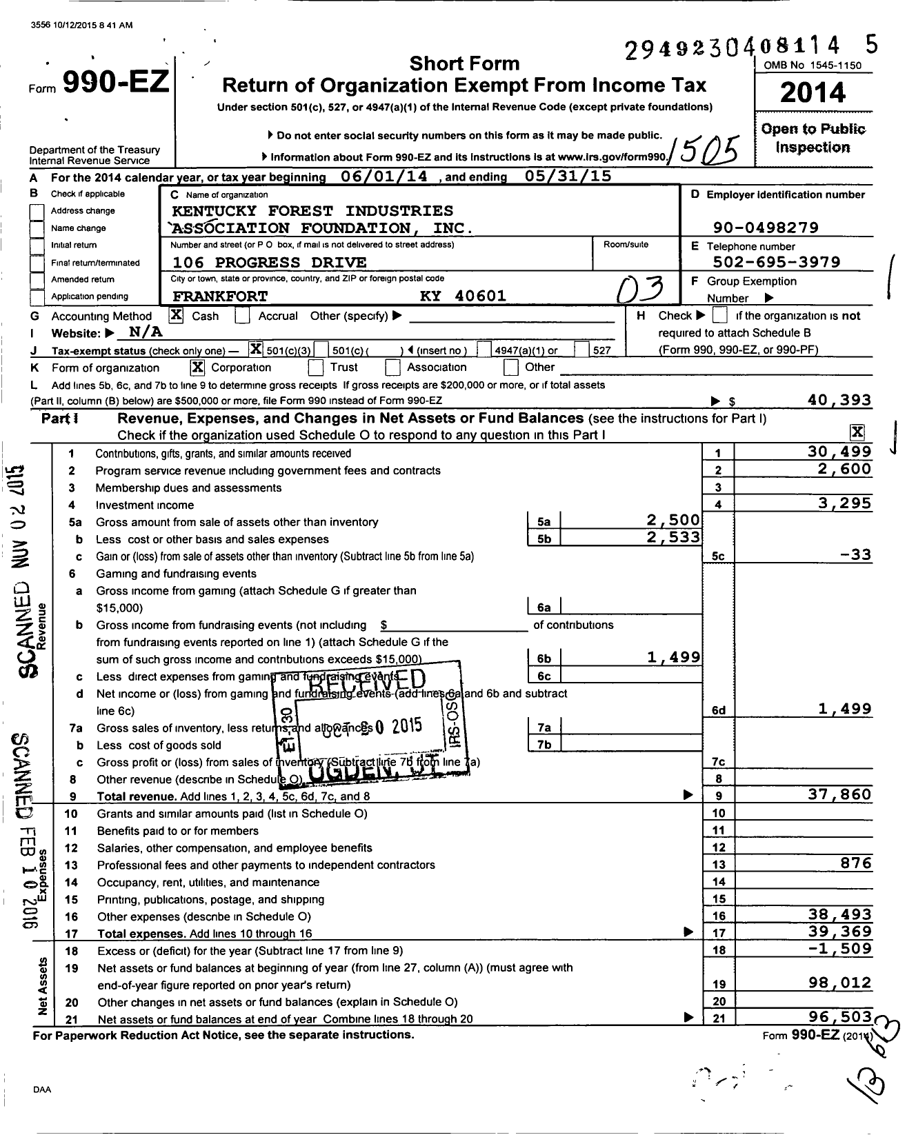 Image of first page of 2014 Form 990EZ for Kentucky Forest Industries Association Foundation