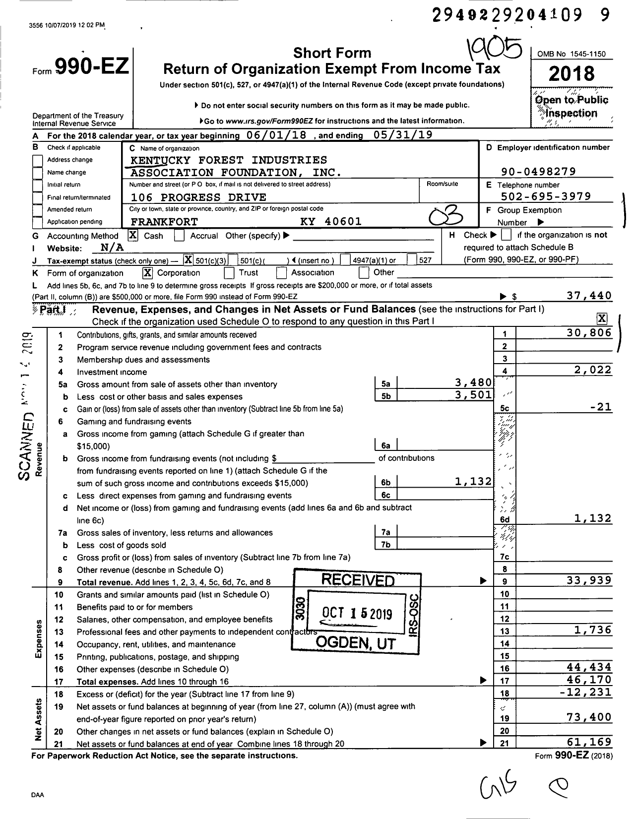 Image of first page of 2018 Form 990EZ for Kentucky Forest Industries Association Foundation