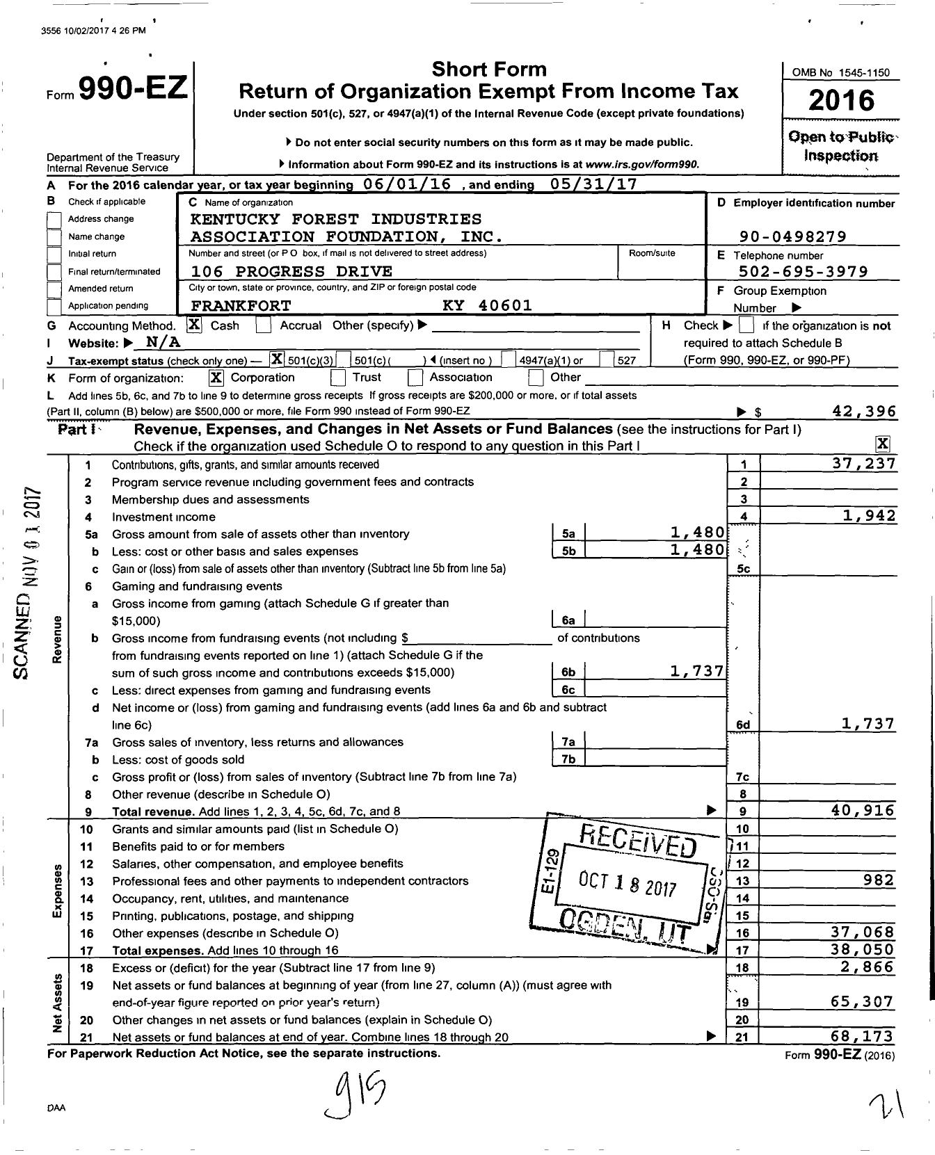 Image of first page of 2016 Form 990EZ for Kentucky Forest Industries Association Foundation