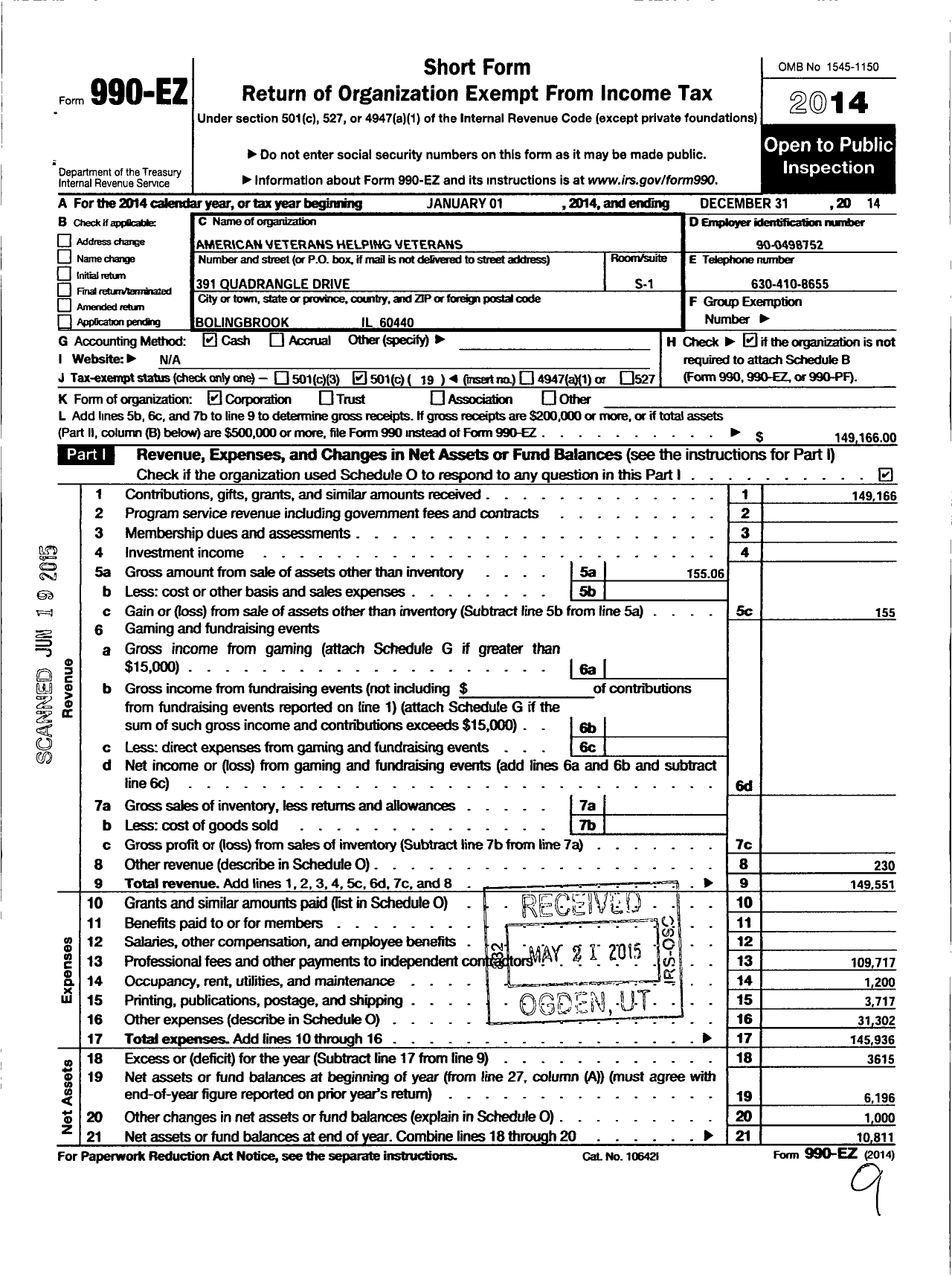 Image of first page of 2014 Form 990EO for American Veterans Helping Veterans