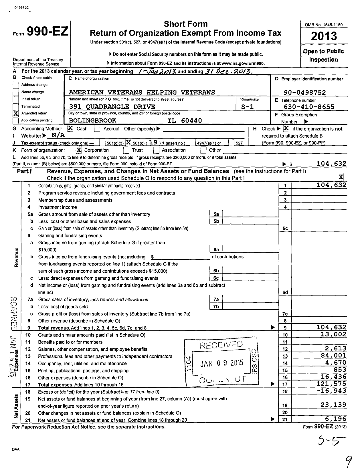 Image of first page of 2013 Form 990EO for American Veterans Helping Veterans