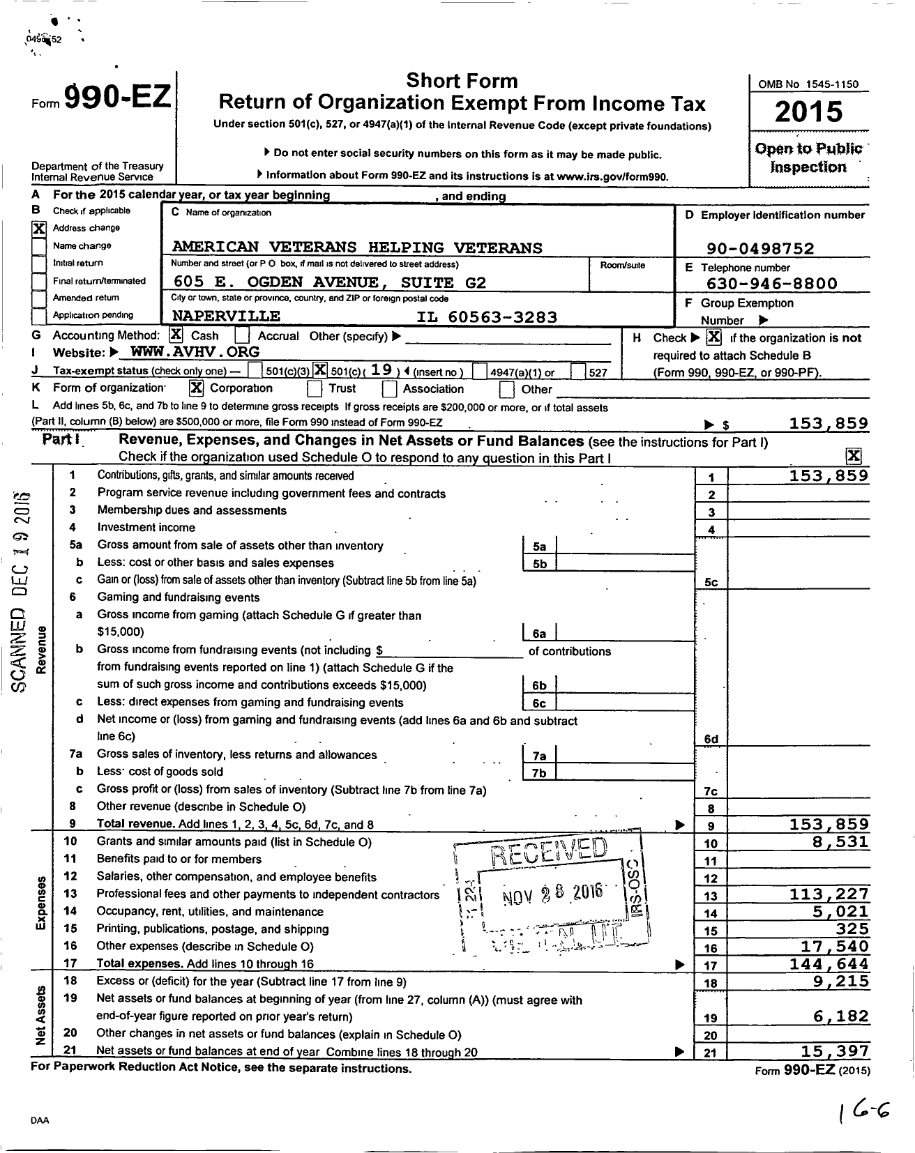 Image of first page of 2015 Form 990EO for American Veterans Helping Veterans