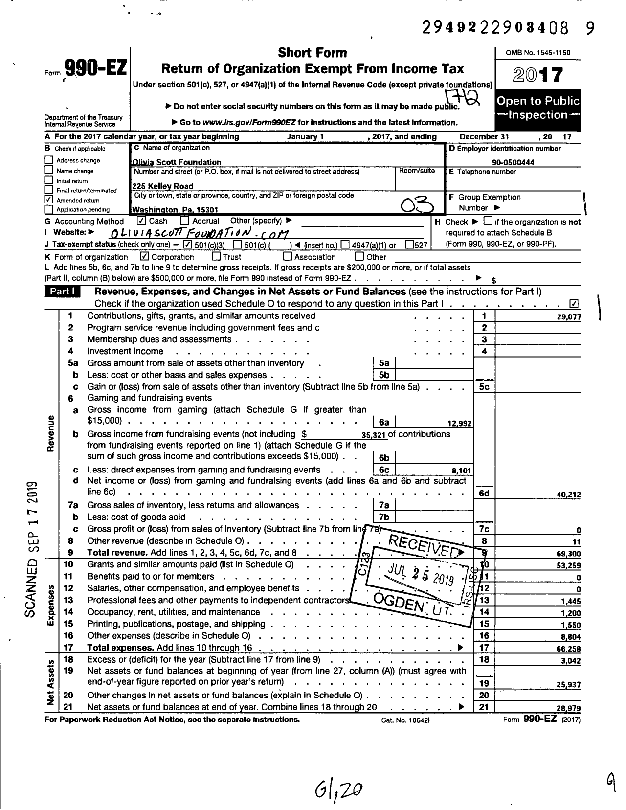 Image of first page of 2017 Form 990EZ for Olivia Scott Foundation