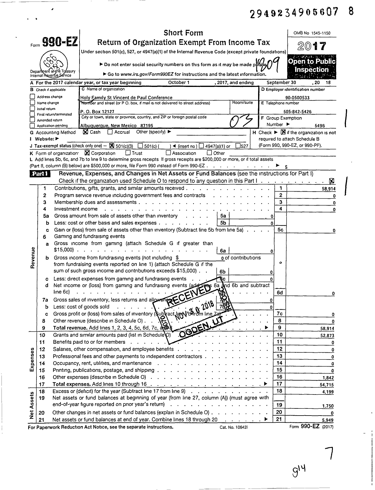 Image of first page of 2017 Form 990EZ for Holy Family St Vincent de Paul Conference