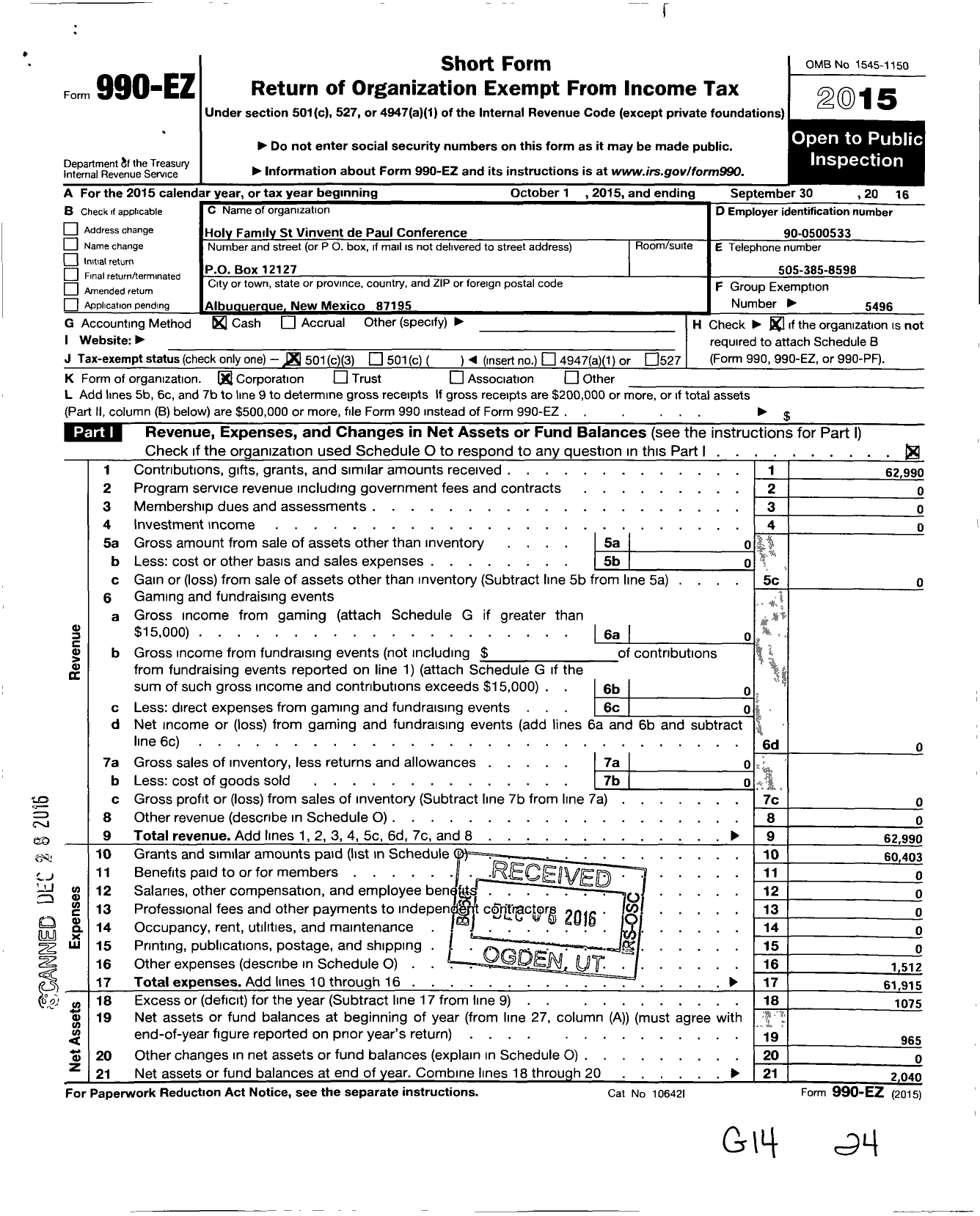 Image of first page of 2015 Form 990EZ for Holy Family St Vincent de Paul Conference