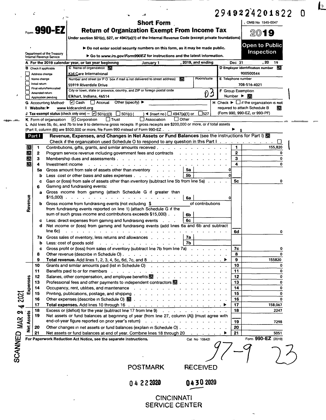 Image of first page of 2019 Form 990EZ for Kid Care International