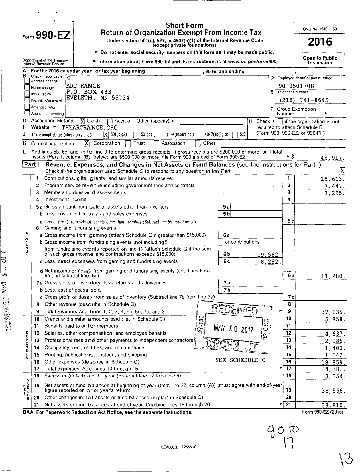 Image of first page of 2016 Form 990EZ for Arc Range