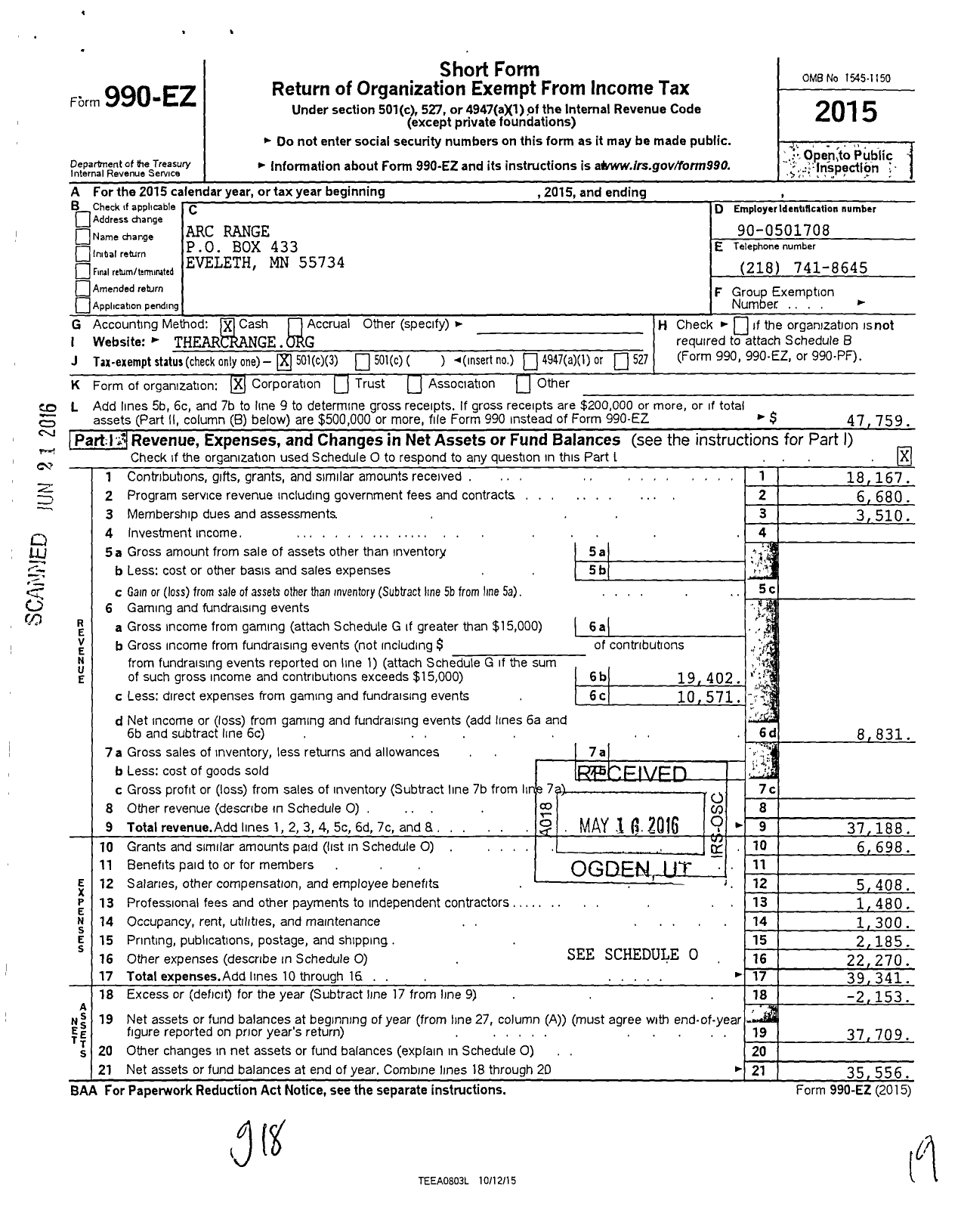 Image of first page of 2015 Form 990EZ for Arc Range