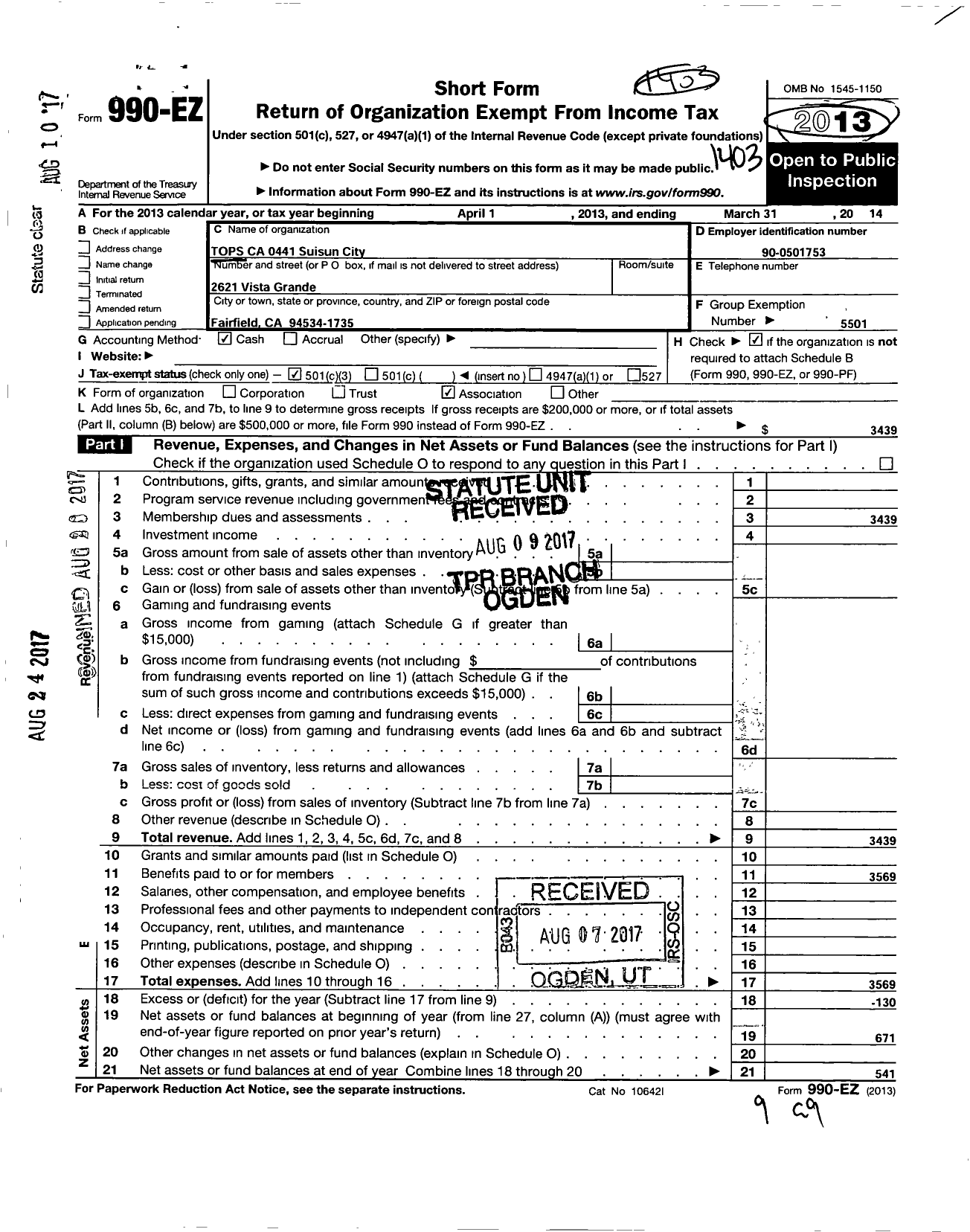 Image of first page of 2013 Form 990EZ for Tops Ca 0441 California