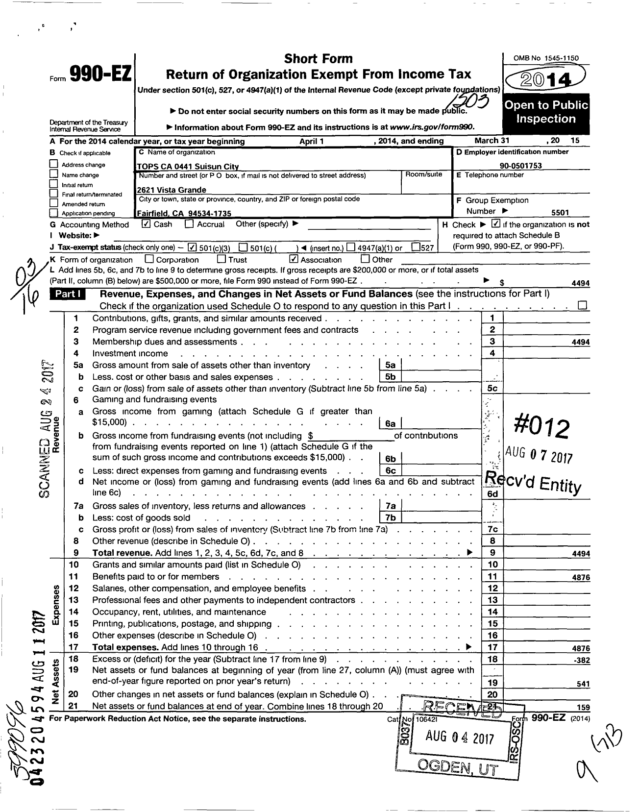 Image of first page of 2014 Form 990EZ for Tops Ca 0441 California