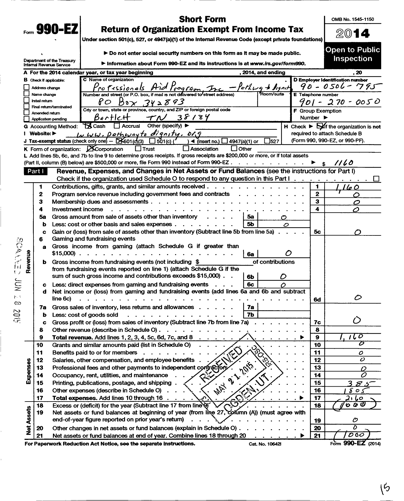 Image of first page of 2014 Form 990EZ for Professionals Aid Program