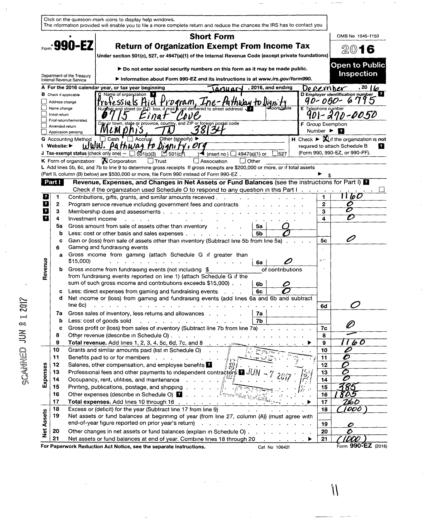 Image of first page of 2016 Form 990EO for Professionals Aid Program