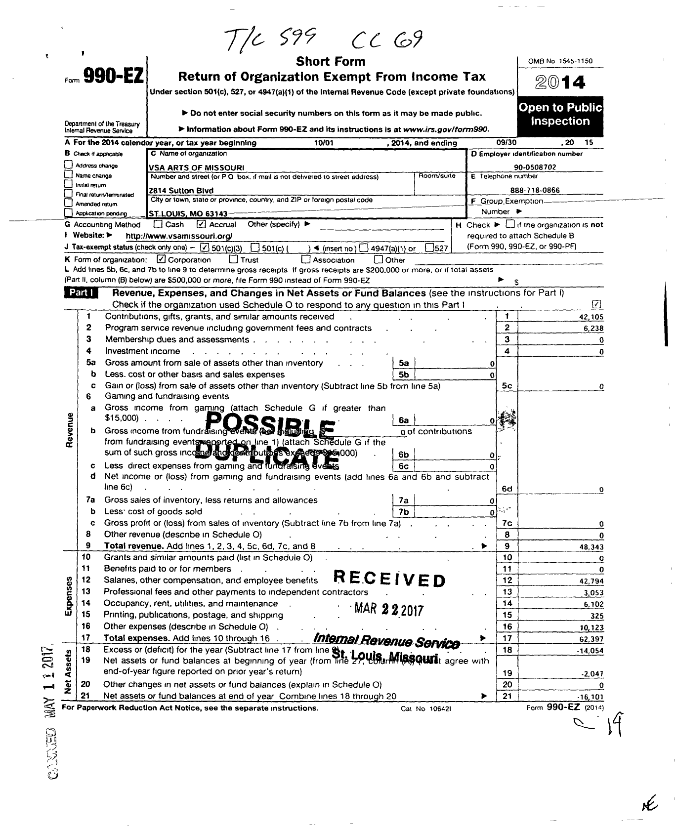 Image of first page of 2014 Form 990EZ for Vsa Arts of Missouri