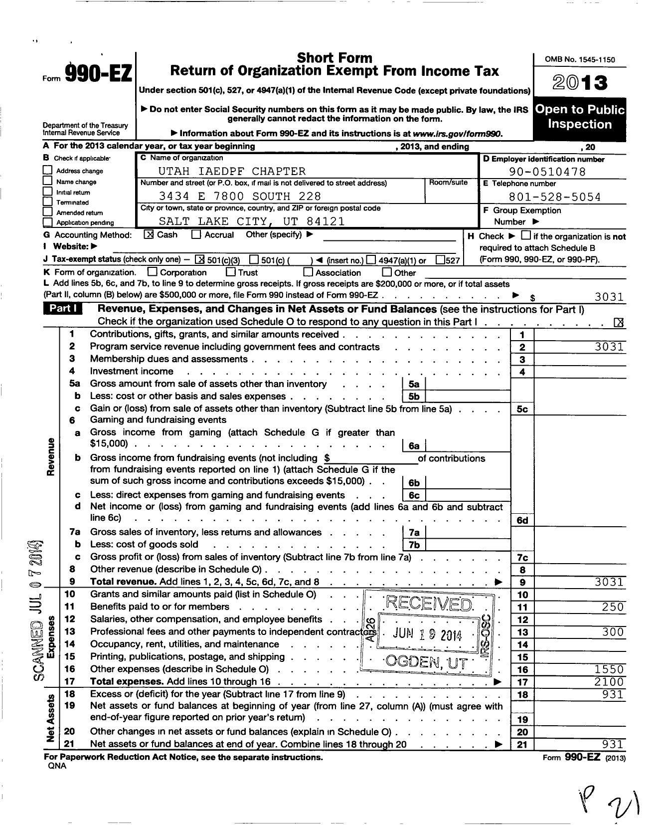 Image of first page of 2013 Form 990EZ for International Association of Eating Disorders Professionals Foundation / Utah Chapter