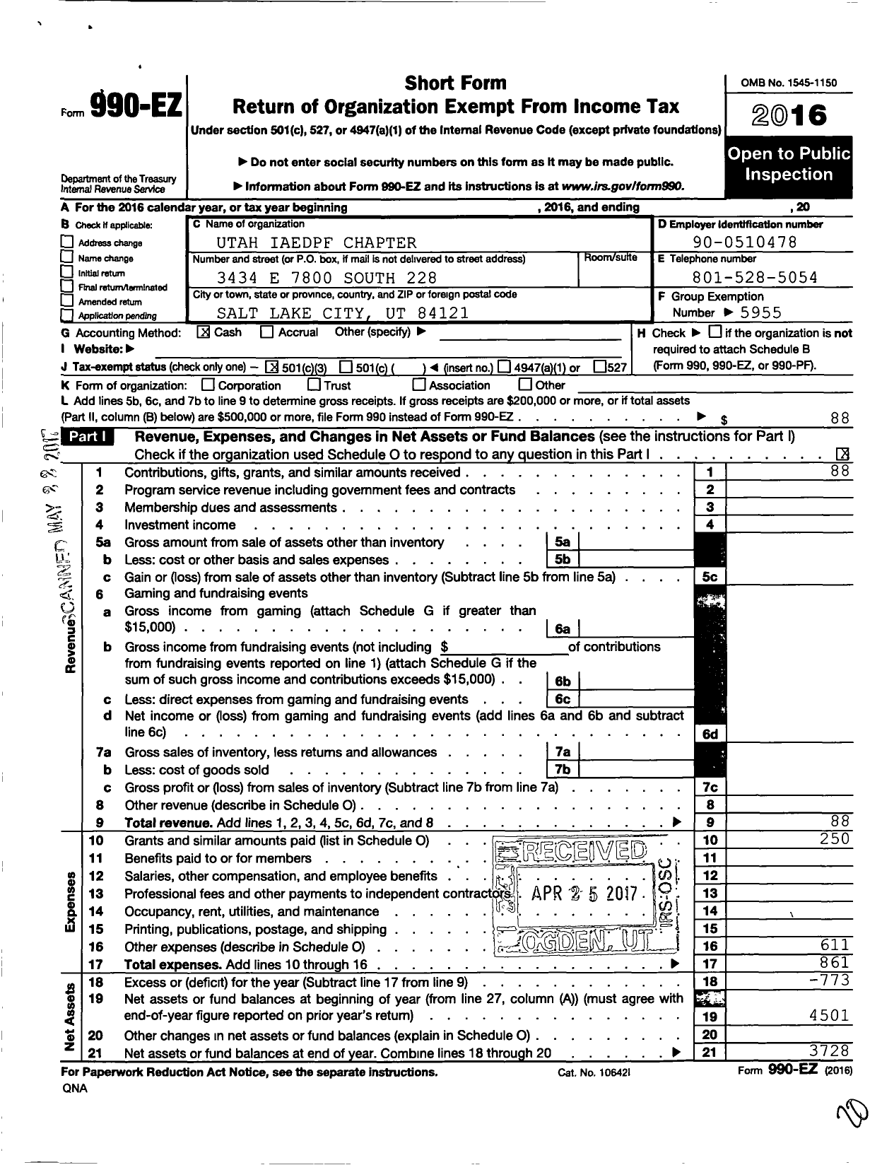 Image of first page of 2016 Form 990EZ for International Association of Eating Disorders Professionals Foundation / Utah Chapter