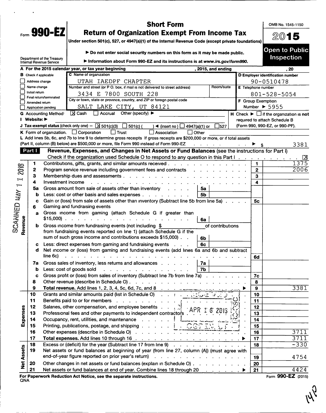 Image of first page of 2015 Form 990EZ for International Association of Eating Disorders Professionals Foundation / Utah Chapter